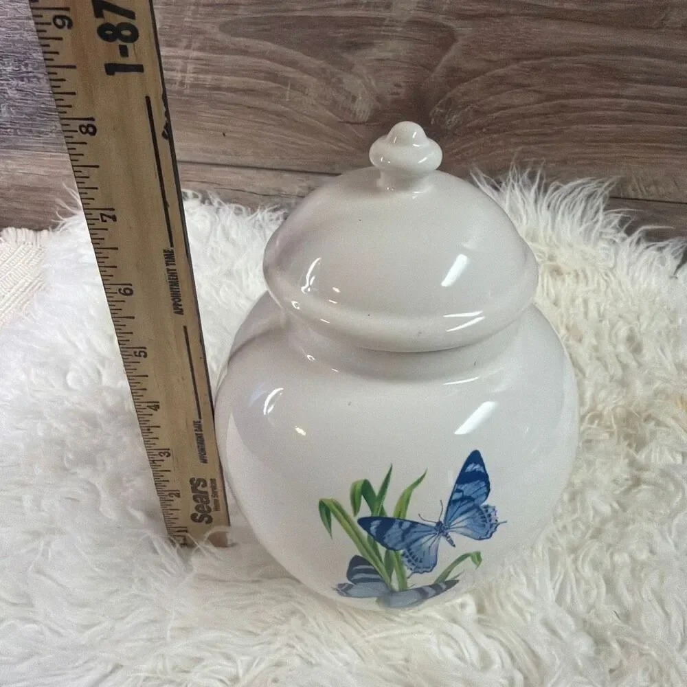 Vintage FTD White Blue Butterflies Ginger Jar  Lid Circa 1960 Home Decor Urn